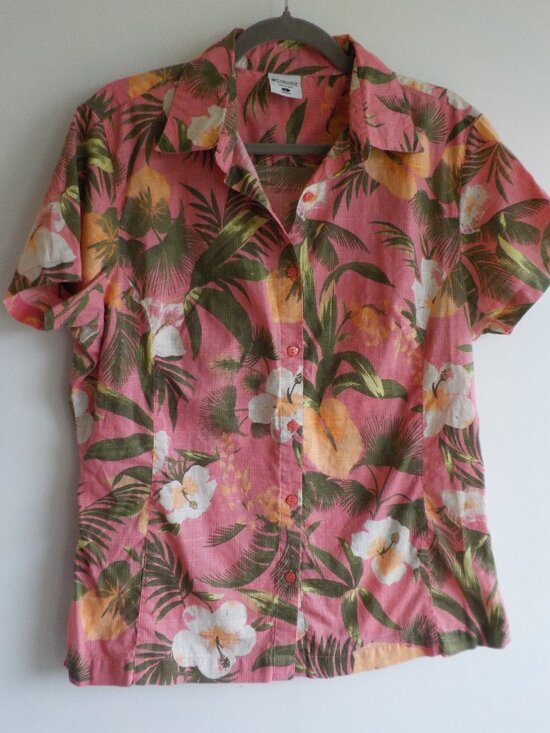 Columbia Tops - Columbia Blouse - Large - Pink COTTON Tropical Button Up Short Sleeve (2438)